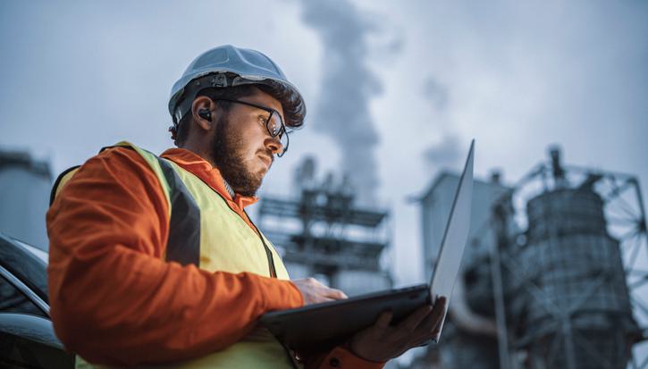 An employee in hardhat and hi-vis jacket works on a laptop outside a natural gas power plant