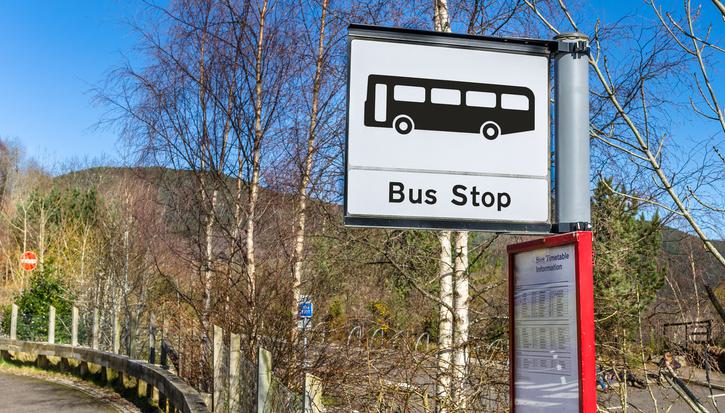 A bus stop sign in a country lane in rural Scotland.