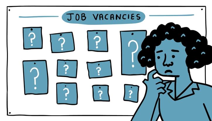 An illustration of a woman looking anxiously at a notice board of job vacancies which is covered in question marks.