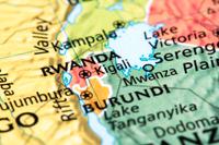 Close-up of a world map with Rwanda centered