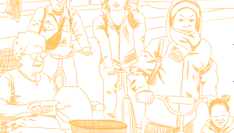 A line drawing in orange on a white background of a group of people all cycling or scooting: an older woman on a mobility scooter, two men and a woman looking happy on pedal bikes, and a small child on a scooter